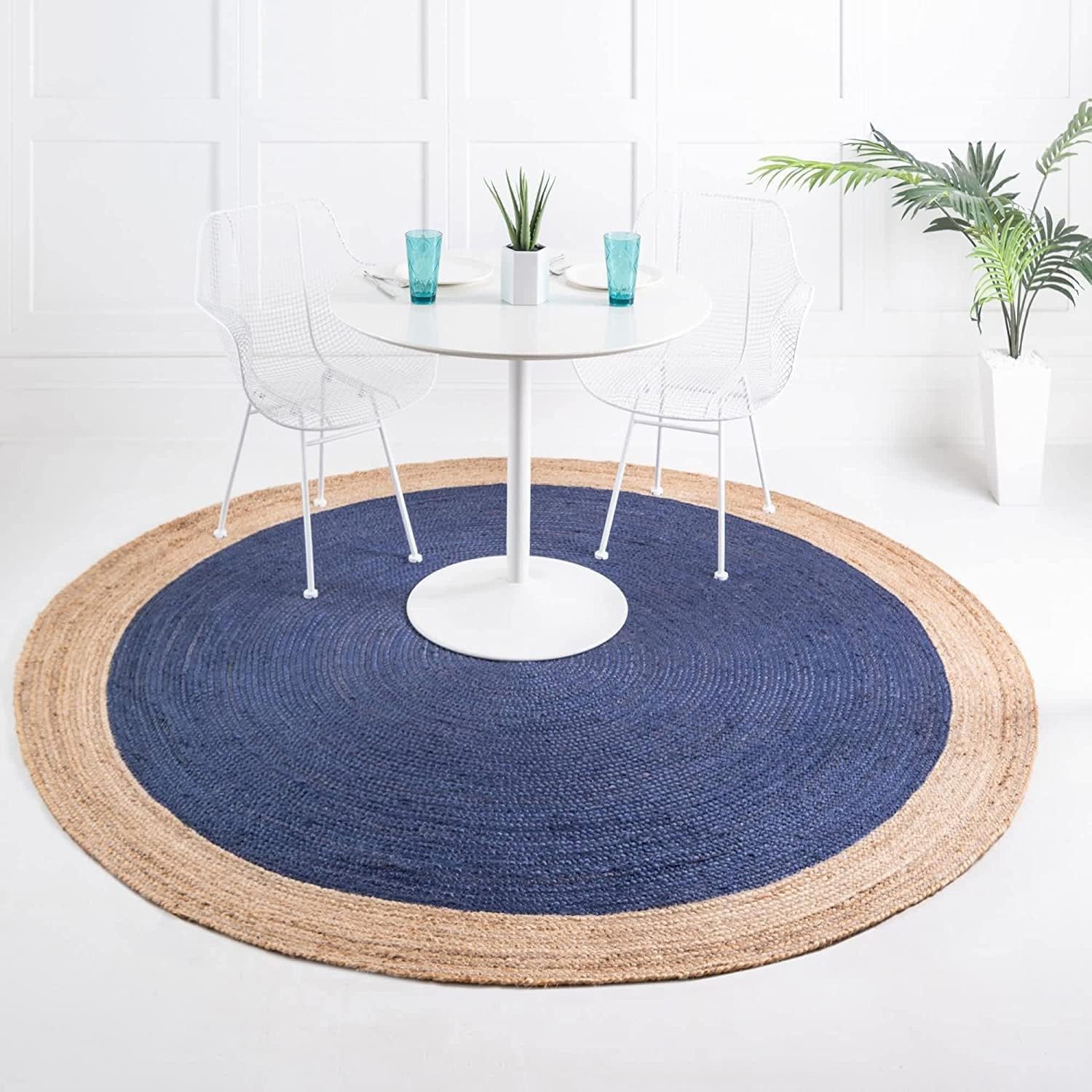 DANGAYACH ART Indian Handmade Braided Inner Navy Blue Natural Jute Area Rug, Living Room, Doormat Rug Size- 4 x 4 Feet Round (120 cm x 120 cm)