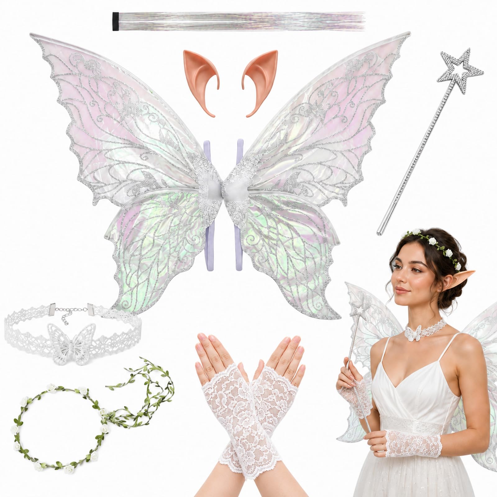 TUBAWD 6PCS Fairy Costume Adult, Fairy Wings, Fairy Costume Set with Gloves (White)