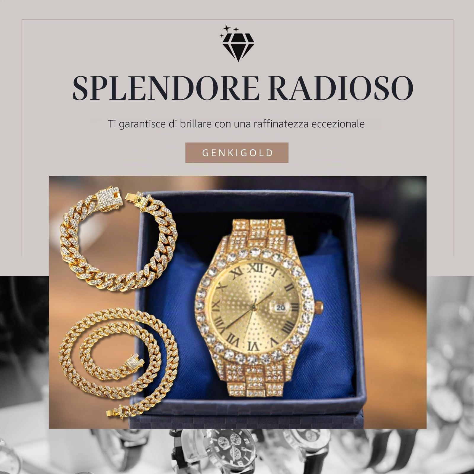 Orologio con Diamanti per Uomo – Quadrante Rotondo 43mm con Numeri Romani – Placcato in Oro 18K/Platino 22,5cm – Quarzo Giapponese – Gioiello di Lusso – Può essere Abbinato a Catena Cubana