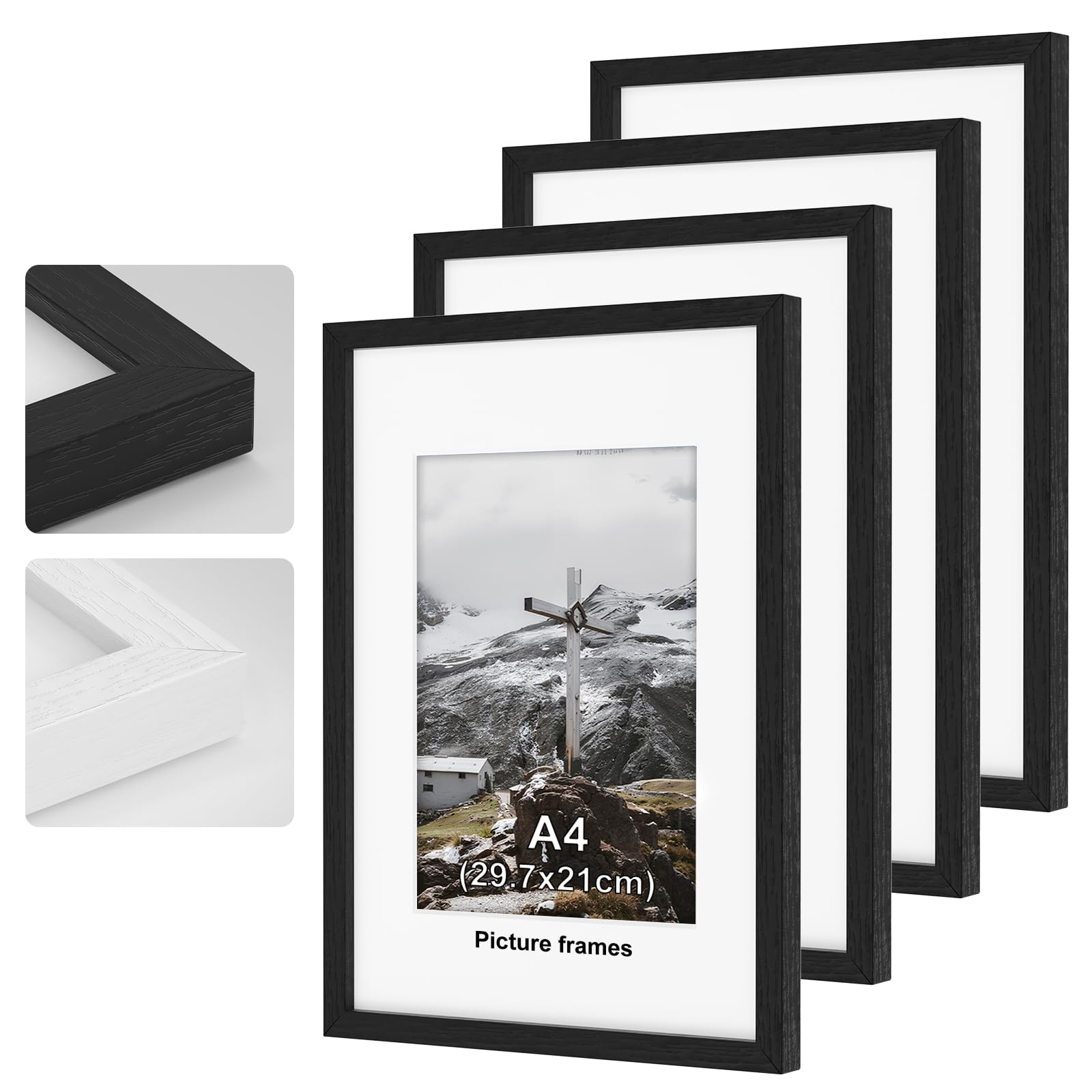 4pack A4 Picture Frame, Black Wooden Picture Frames, 29.7x21cm Photo Frame with Perspex Glass, With Stand and Wall Mountable, Horizontal or Vertical Wall Mounting, Bedroom and Living Room Decoration — image 1