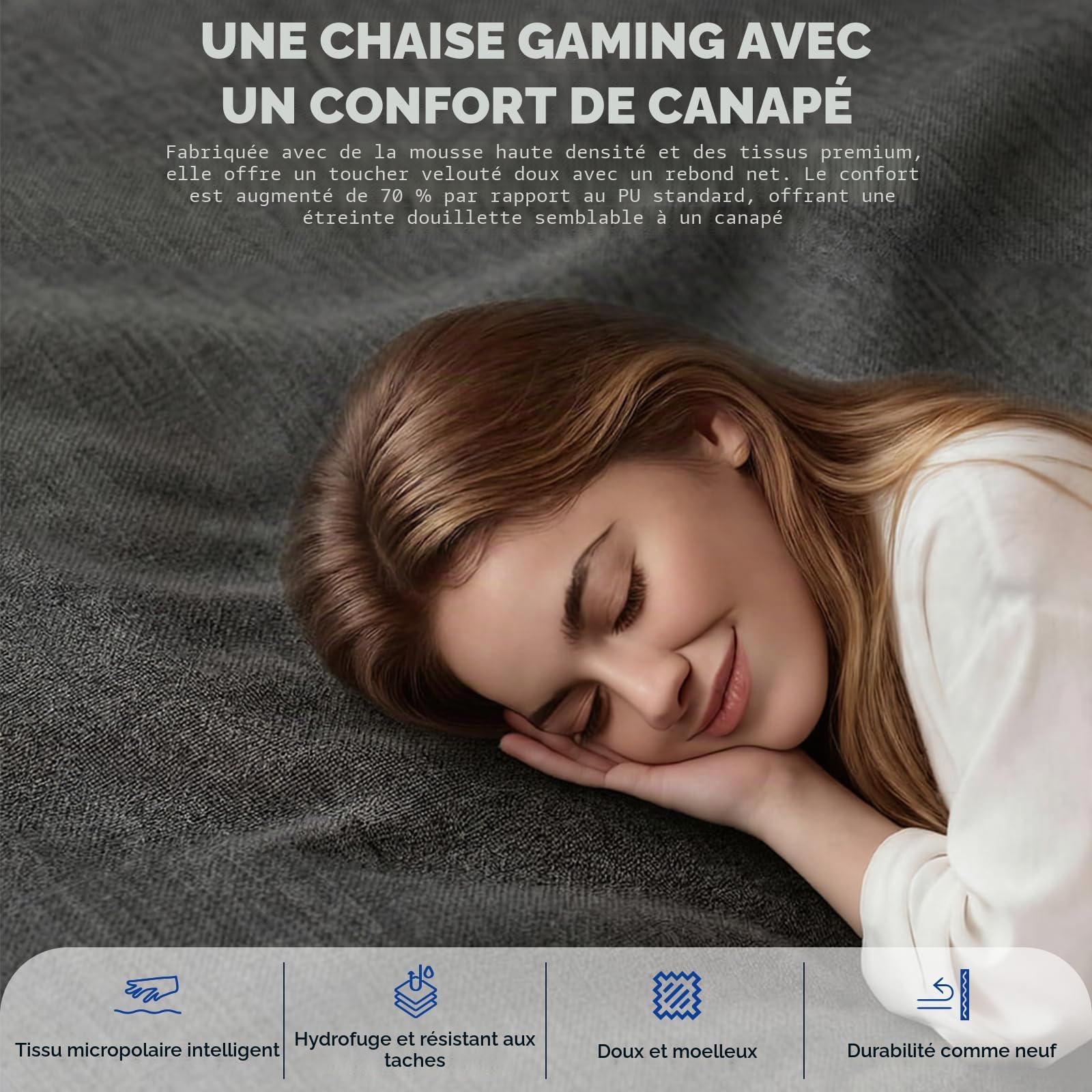 JUMMCIO Chaise de Gaming en Tissu avec siège de Course, Chaise de Bureau Confortable, Ergonomique, réglable en Hauteur 3D, Fonction inclinable (90 °-135 °), Charge maximale 200 kg, Gris