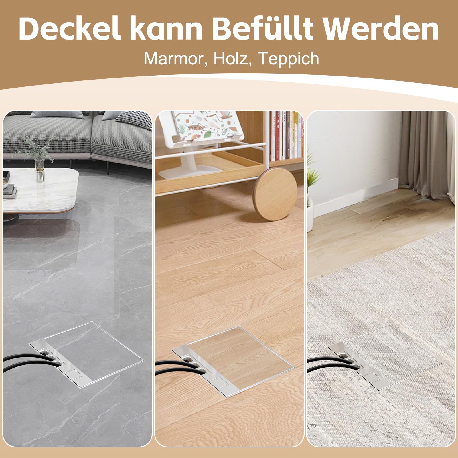 Bodentank Bodensteckdose, Edelstahl-Einbausteckdose Wasserdichte Bodeneinbaudose mit 2AC+1USB A+C+1RJ45, Versenkte Steckdose für Boden (Edelstahl)