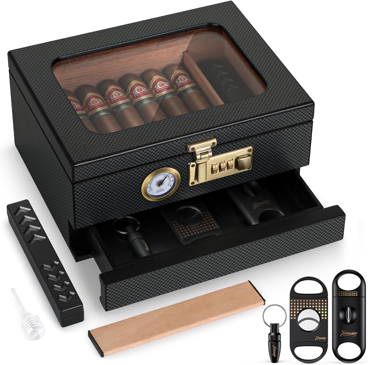 Cigar Humidor, Cedar Wood Humidor Cigar Box, Glass Top Desktop Humidor with Front Hygrometer, Humidifier, Divider, Accessories Drawer and Combination Lock, Cigar Gifts for Men (Carbon Black)