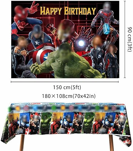 Miniatura 2 de Telón de fondo de superhéroe de 5 x 3 pies y mantel de superhéroes de 71 x 51 pulgadas decoración de mesa de cumpleaños temática de película de