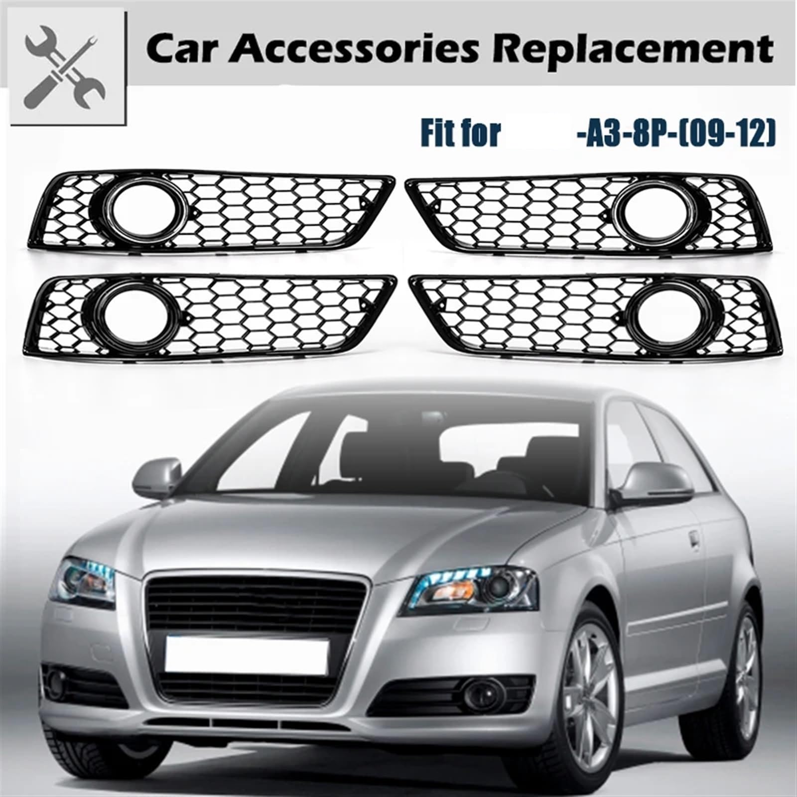 Rejilla de luz antiniebla para coche Cubierta de bisel luz antiniebla para coche, lámpara para parachoques, rejilla con para estilo malla agujeros para ajuste(Chrome Lamp Hole)