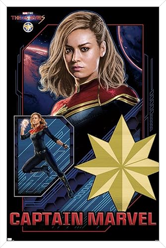 Trends International Marvel The Marvels - Póster de pared de Capitán Marvel, 14.72 x 22.37 pulgadas, versión enmarcada en blanco disponible en Yaxa Peru