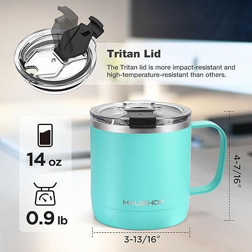Miniatura 2 de HAUSHOF Taza de café de 14 onzas, taza de café aislada con asa, taza de campamento de viaje, taza de café portátil de acero inoxidable, tazas de