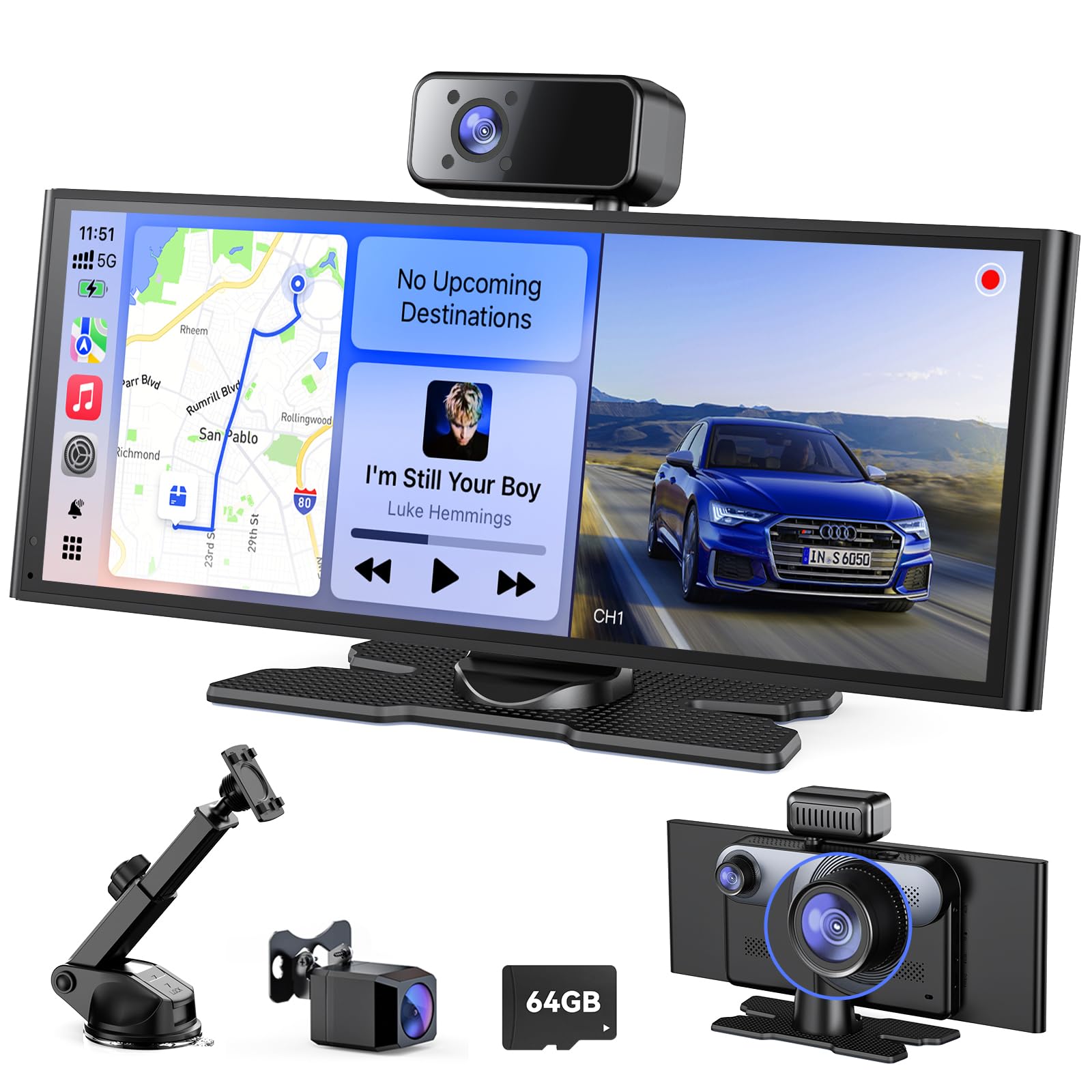 Avylet 10, 26" Carplay Auto con Schermo da 60 FPS, Android Auto con 3 Telecamere (Front Dash Cam, Rear, Internal), CarPlay Portatile con Navigazione OTA/GPS/Mirror Link/Controllo Vocale/Bluetooth/AUX