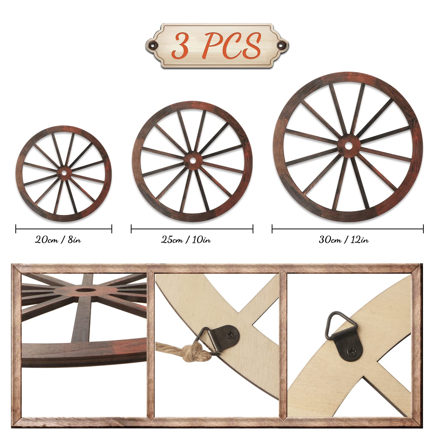 YiYa 3 PCS Wagon Wheel Decor, 20/25/30 CM Rustic Wagon Wheel Wall Decor Wooden Wagon Wheel Decor Wagon Wheel Wall Hanging for Farmhouse Bar Garage Garden - Image 2