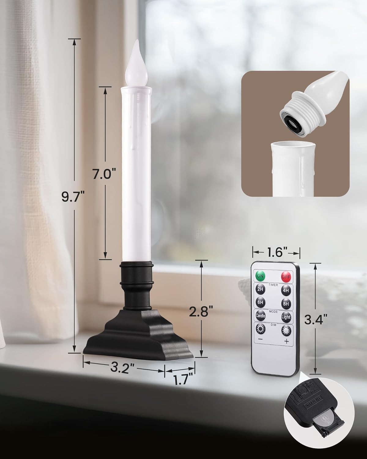 SURAIRLEC Battery Operated Window Candles with Remote, Timer, Dimmable, Flicker or Steay on LED Candle Lights, Removable Candle Holders, Christmas Candles for Window, Matte Black, 4-Pack - Image 4