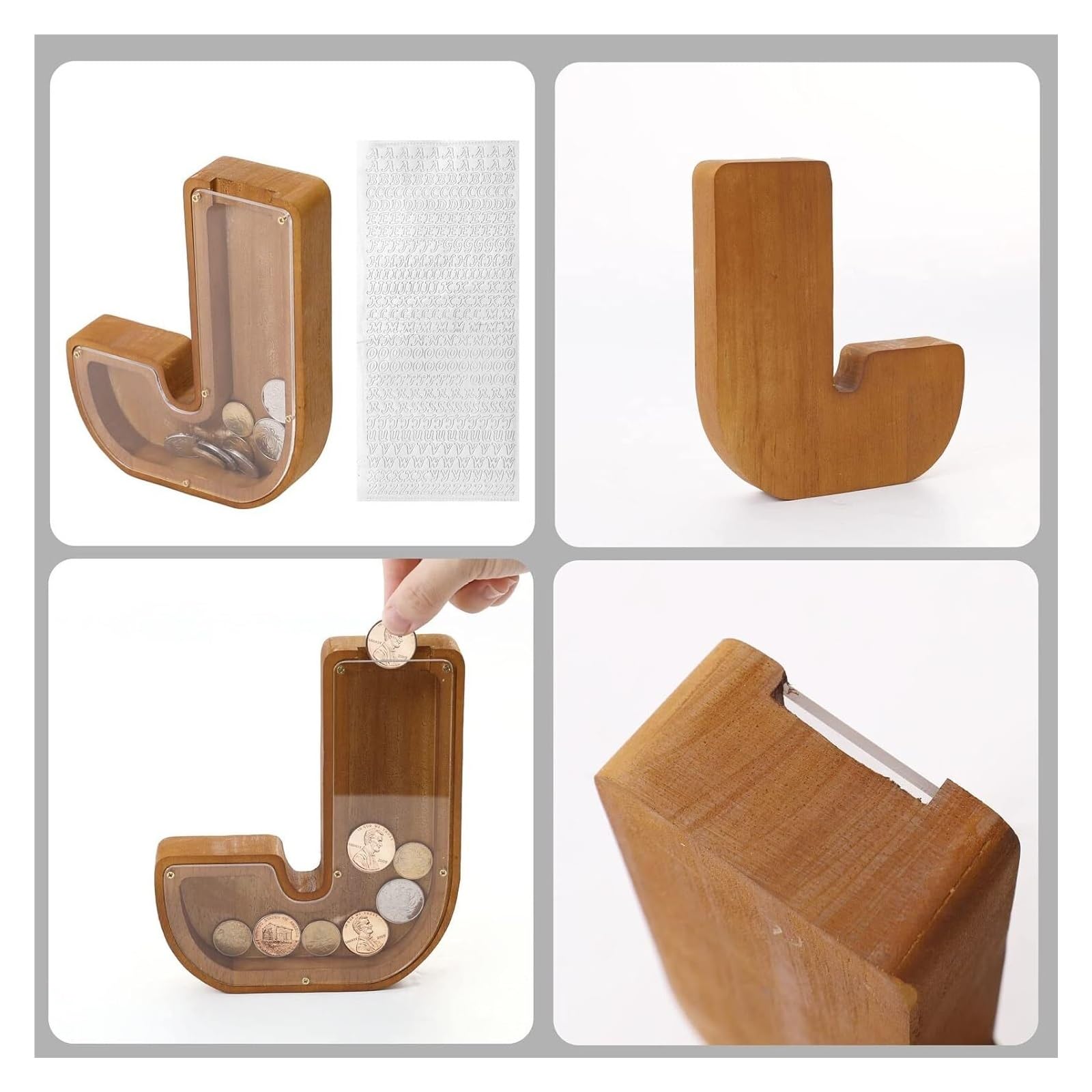 Spardose, personalisierte Spardose aus Holz, Sparschwein aus Holz mit Buchstaben von A bis Z, Münzbank mit DIY-Alphabet-Aufklebern, Geldspardose, Münzaufbewahrungsbox, Geschenke(T)