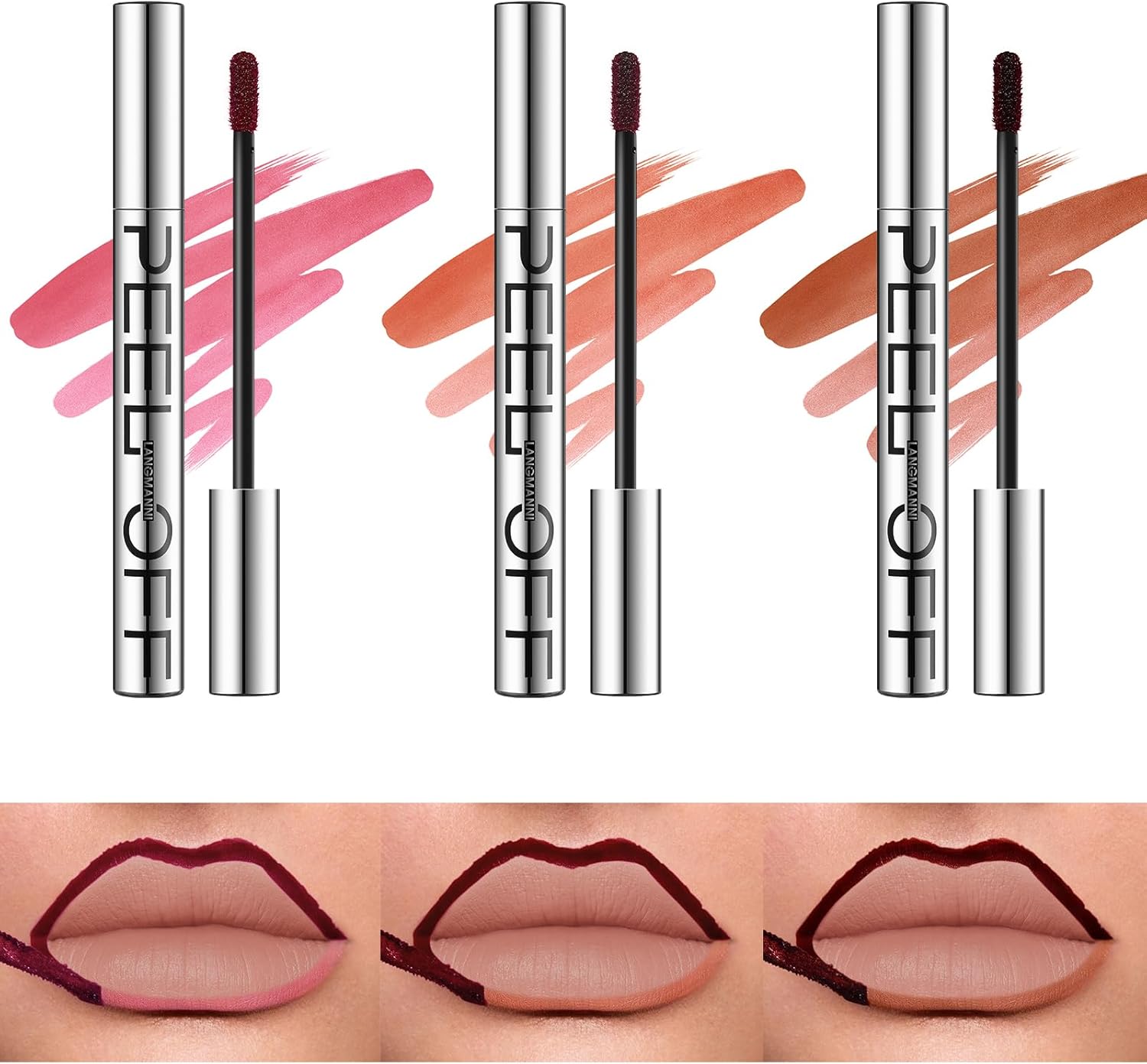 3 stuks Peel Off Lip Liner Tattoo, afneembare lipcontourstift, sterk gepigmenteerde verwijderbare lipgloss, langhoudende lipgloss, verwijderbaar, waterbestendig, make-up geschenken voor vrouwen (#A