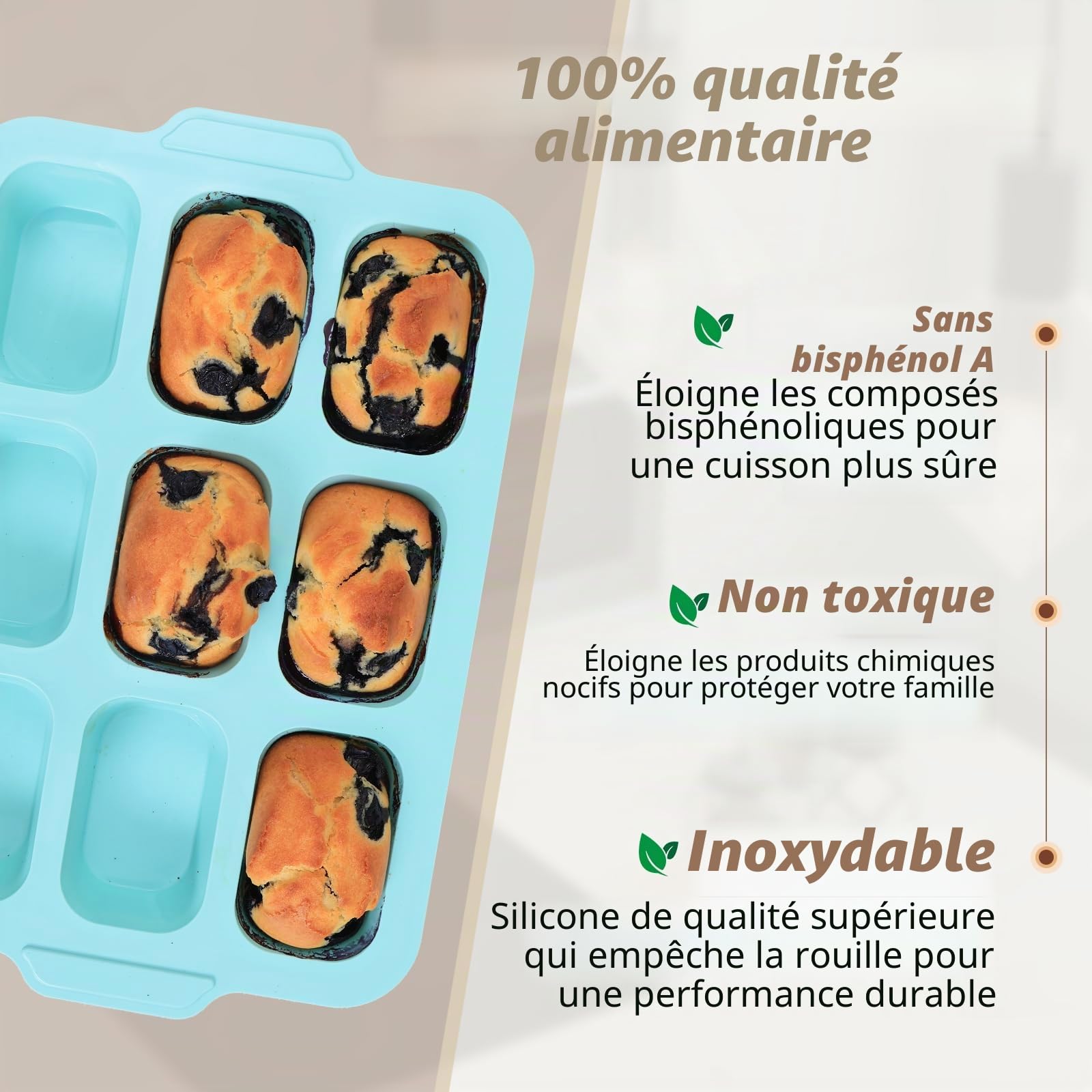 Moule Mini Cake Silicone: 2 Pièces Moule à Mini Cake avec Poignées - Antiadhésif Moules Gâteau Enfant pour Brownie/Pain/Pâtisserie Cuisson (Vert menthe & Beige)