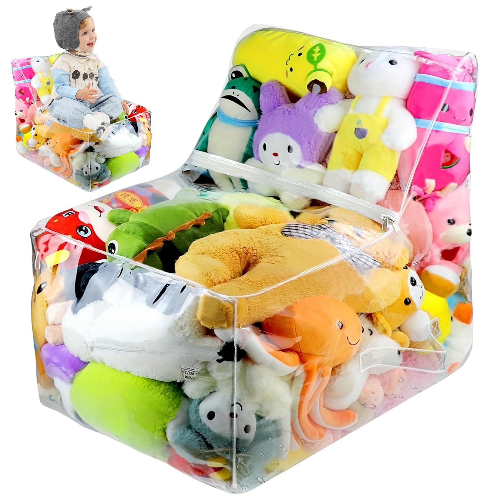 Soft Toy Storage Bag - 2-in-1 Clear Stuffed Animal Storage, PVC Sofa Style Toy Organization Soft Toys Storage Seat with Zippers, Waterproof Teddy Plush Storages for Kids Organizing Rooms Plushie