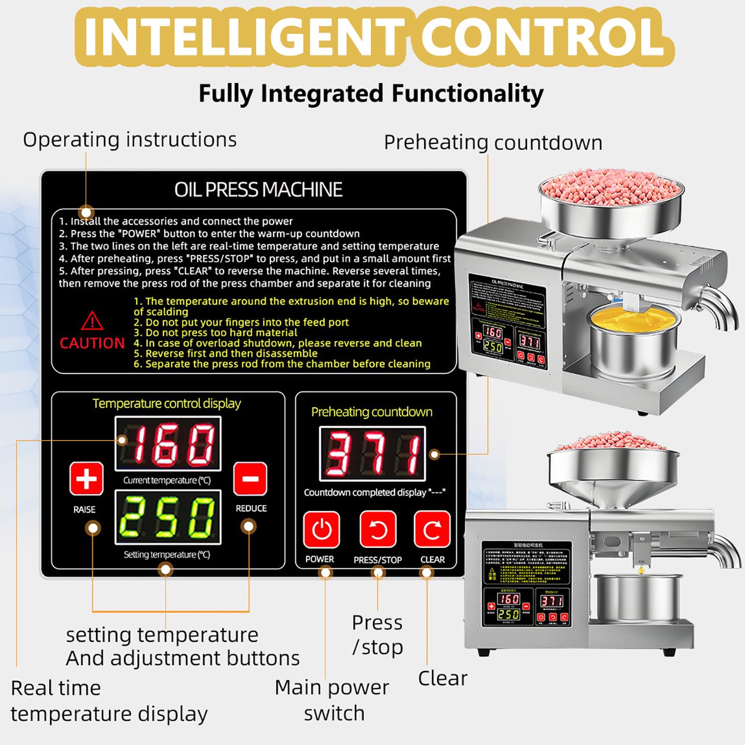 Automatische elektrische Edelstahl Ölpresse 1100W, 6L Trichter, Heiß- & Kaltpressung (40°C–260°C), Öl Pressmaschine für Walnüsse, Sesam & Sojabohnen – Haushalt & Gewerbe