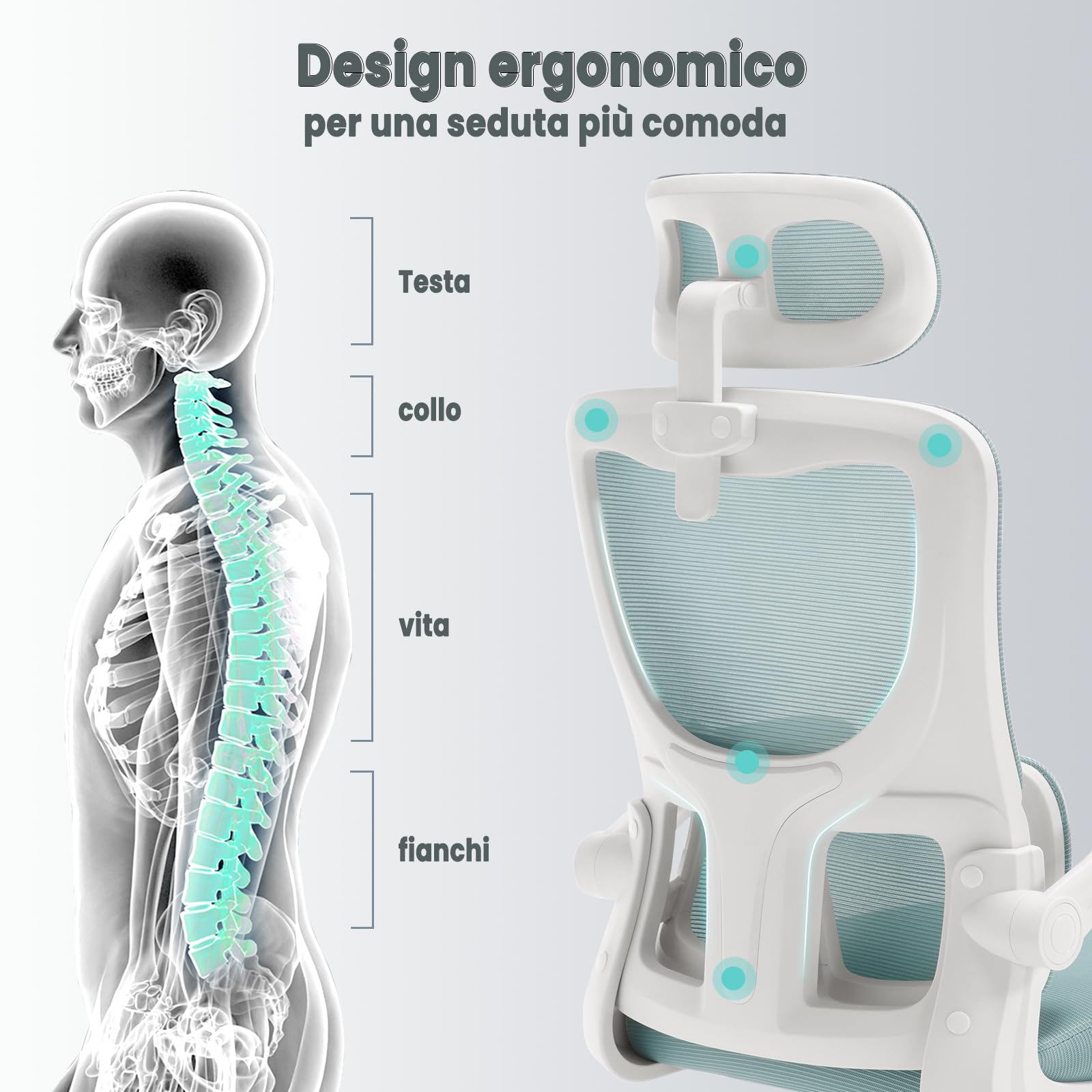 WOLTU Sedia Ufficio Ergonomica, Sedie Ufficio a Rete Traspirante, Con Supporto Lombare Adattativo a Forma Di C, Poggiatesta Regolabile, Braccioli Ribaltabili, per Scrivania, Casa, Blu