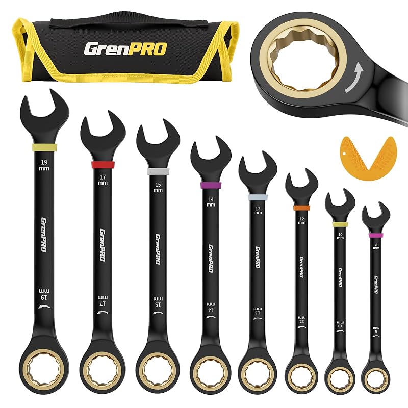 Kit de Chaves Combinadas com Catraca GRENPRO 8 a 19 mm, 9 Peças, Aço CR-V, Bolsa de Organização