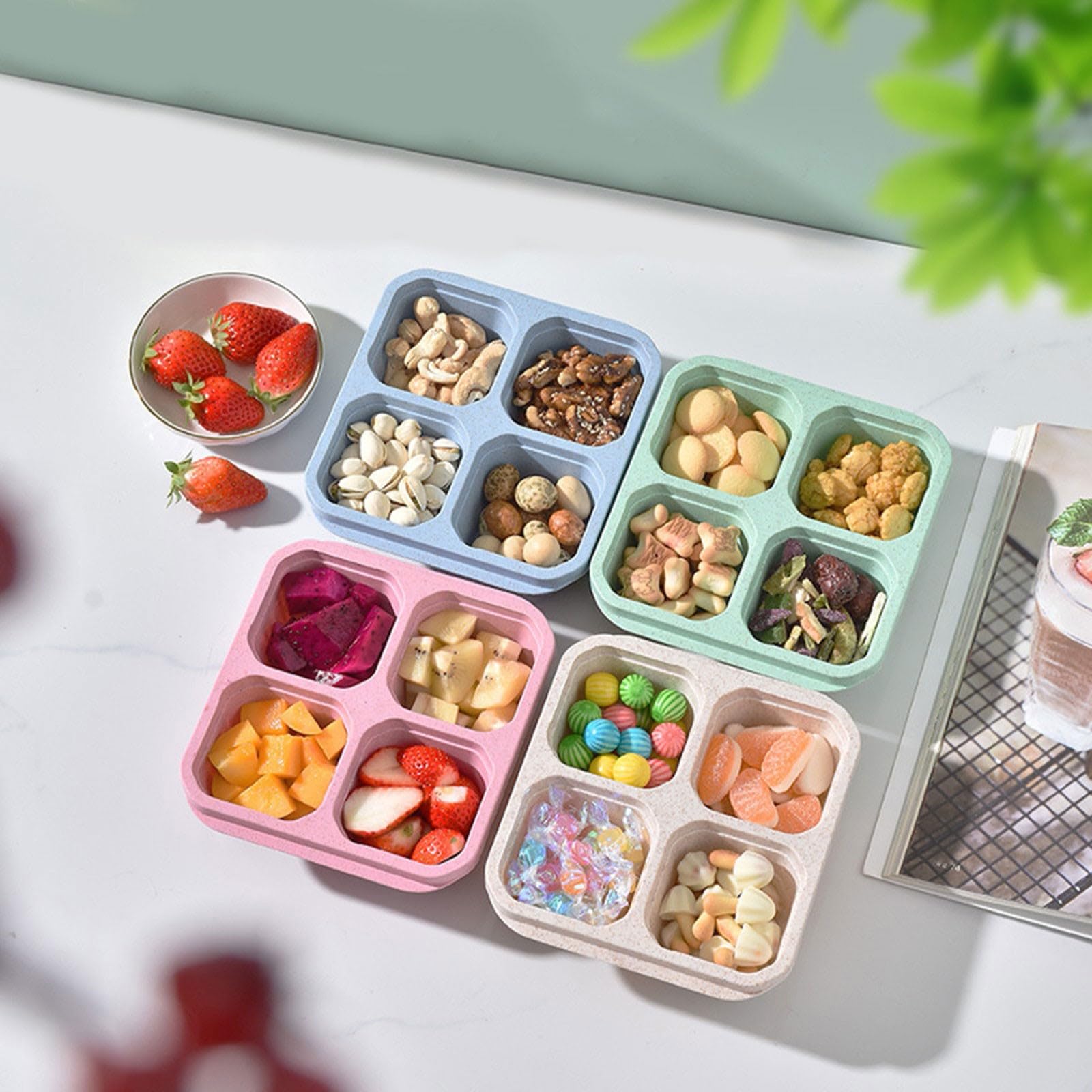 10 Stück Snack-Bento-Boxen Aus Kunststoff – Wiederverwendbar, 4-Fach Geteilt, Mit Deckel & Griff, Für Schule & Büro
