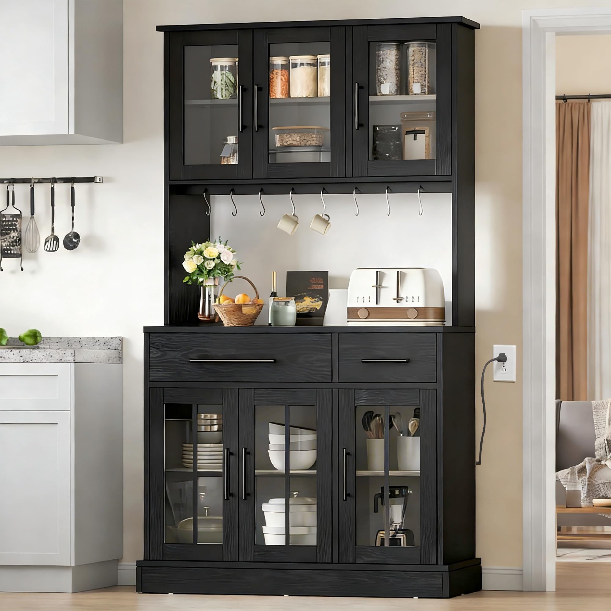 DWVO Kitchen Pantry Storage Cabinet with Microwave Stand, 71'' Tall Kitchen Hutch Cabinets with Power Outlet, Modern Food Pantry Hutch with Drawers ＆