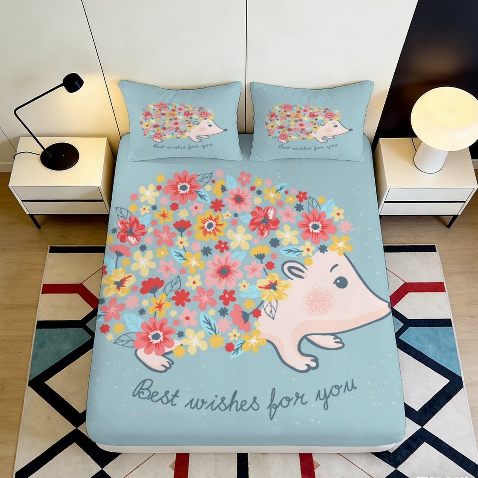 3D Printed Hedgehog Flower Fitted Sheet Microfiber Non Slip Bed Cover, Mattress Protection, Easy Care, Blue for Bedroom Guest Room 160x200x25cm