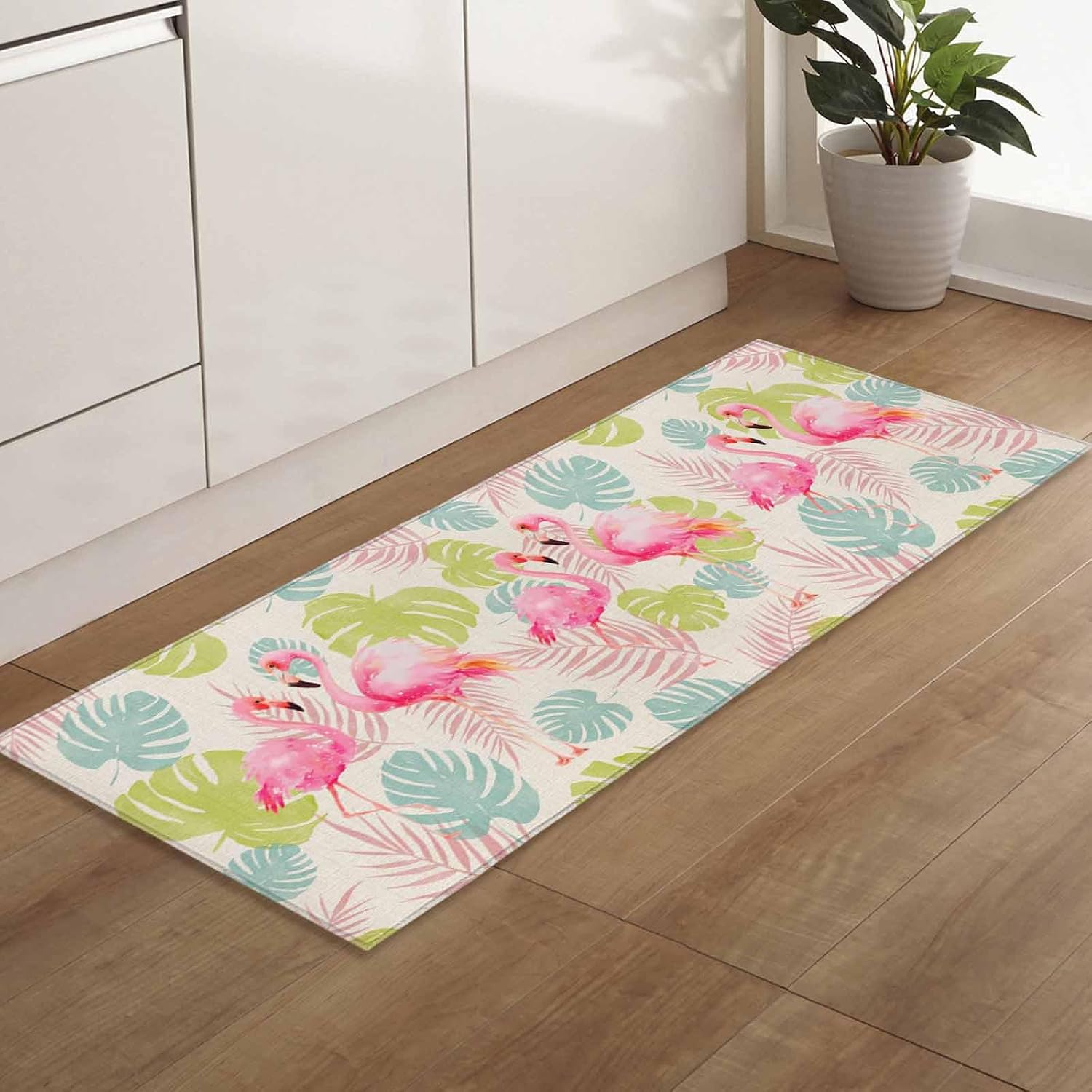 Teamery Kitchen Mats for Floor Summer Flamingo Blue Pink Green Leaves Washable Non Slip Kitchen Rugs 1PCS, Vintage Palm Leaf Absorbent Standing Mats for Sink Bathroom Office Living Room 15.7x47.2in