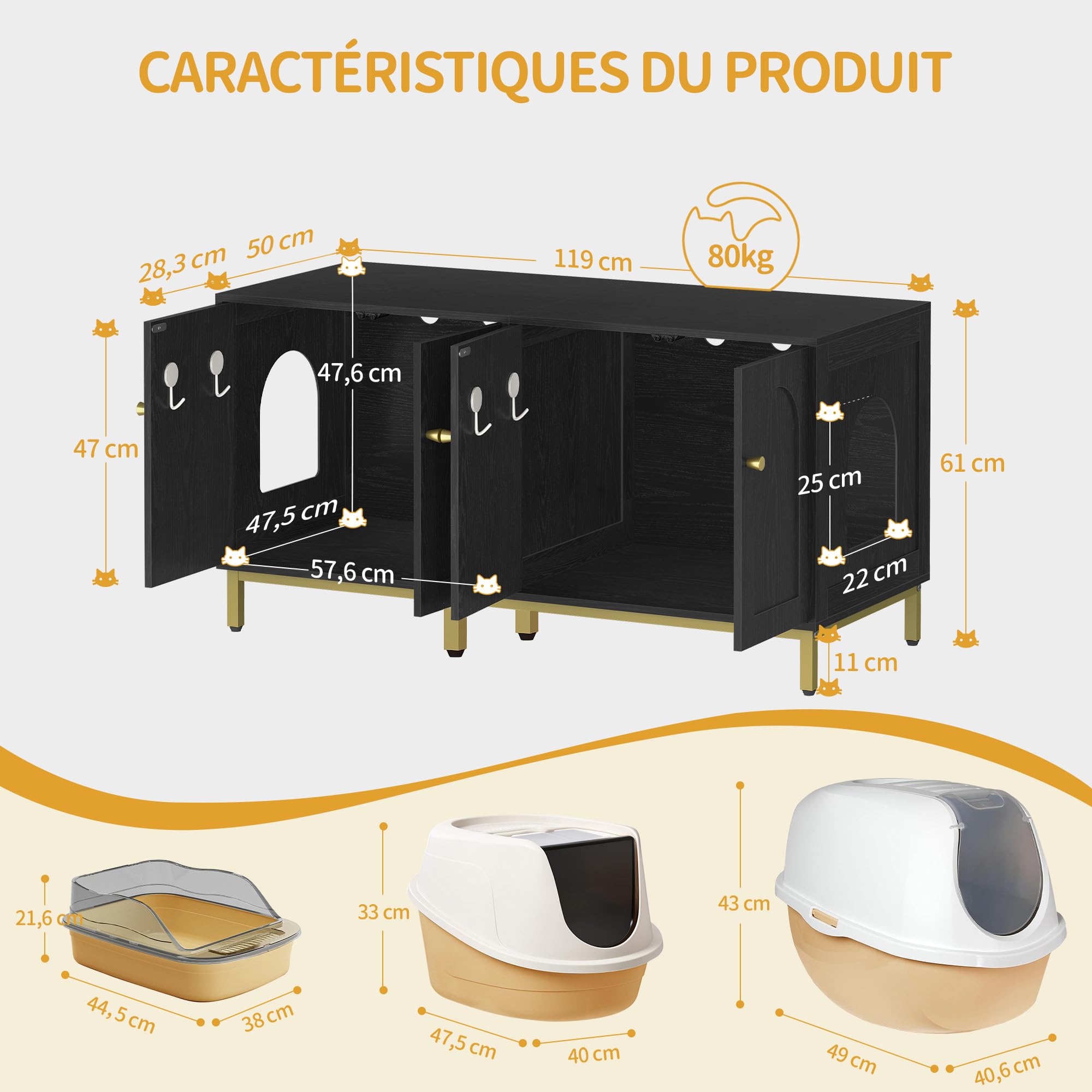 Hzuaneri Maison de Toilette Chat pour 2 Chats, Meuble de Litière Caché de 119cm, Banc de Rangement, Convient à la Plupart des Litières por, Noir et Or CB82304A