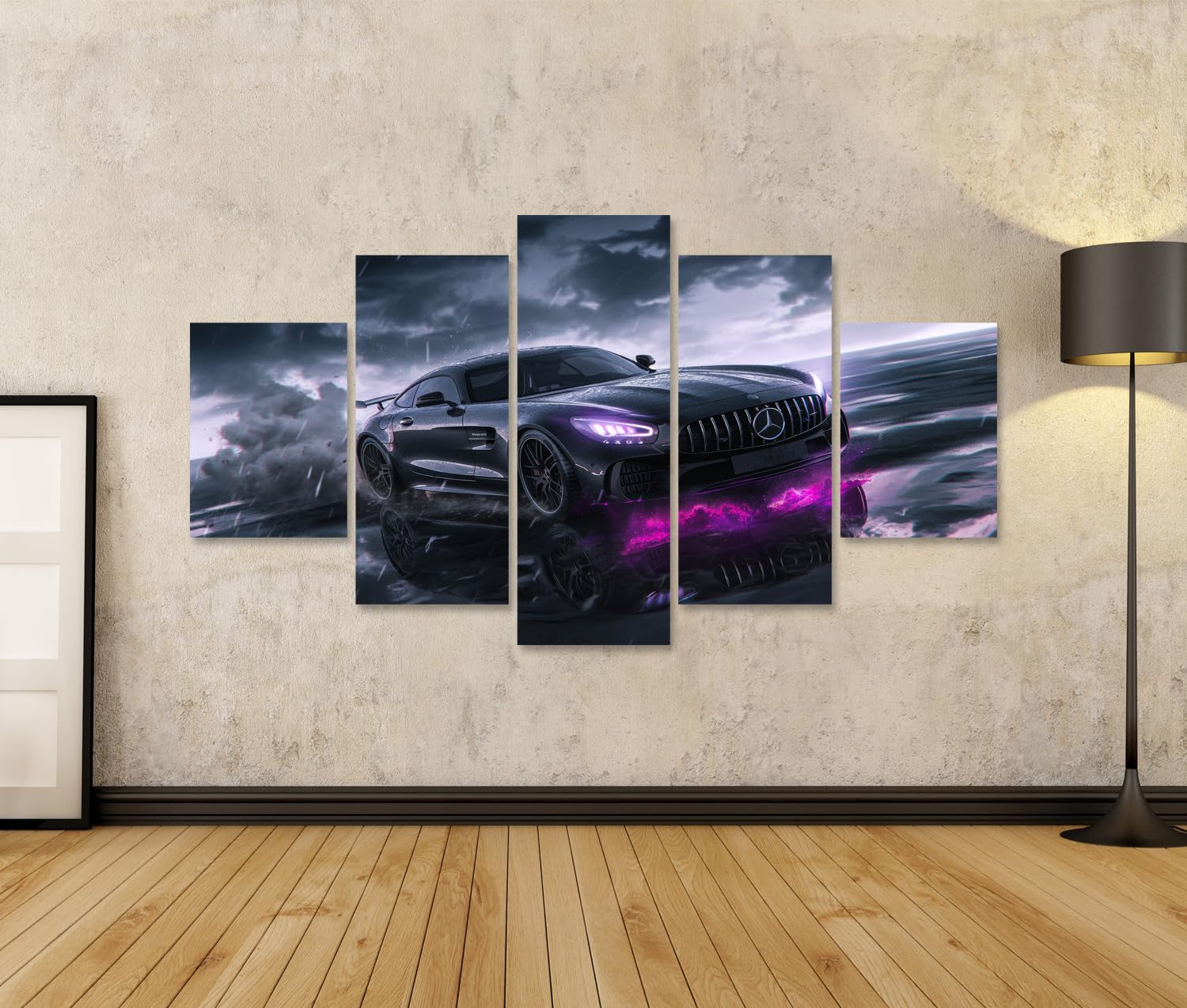 islandburner Quadro su tela con temporale con luce al neon viola, per soggiorno, appassionati di auto, auto, poster