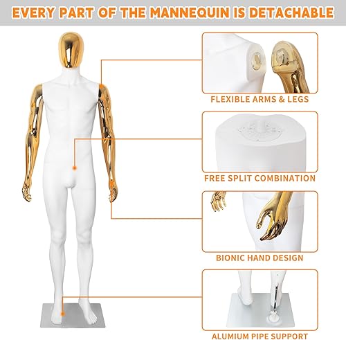 Miniatura 2 de Maniquín masculino de cuerpo completo, soporte ajustable de 73 pulgadas, de plástico sin rostro, desmontable, soporte de maniquí, base de metal,