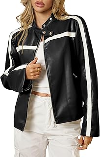 Tankaneo Womens Faux Leather Bomber Jackets Zip Up Color Block Moto Biker Jacket Casual Vintage Y2K Racing Coat Price In India