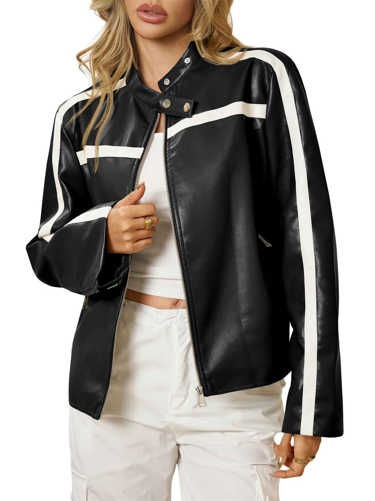 Tankaneo Womens Faux Leather Bomber Jackets Zip Up Color Block Moto Biker Jacket Casual Vintage Y2K Racing Coat Striped · Classic