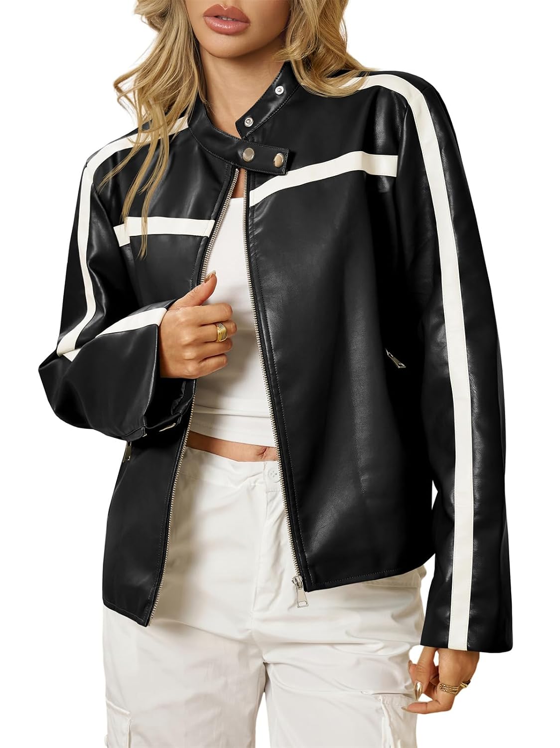 Tankaneo Womens Faux Leather Bomber Jackets Zip Up Color Block Moto Biker Jacket Casual Vintage Y2K Racing Coat - Review, Price and Buying Guide