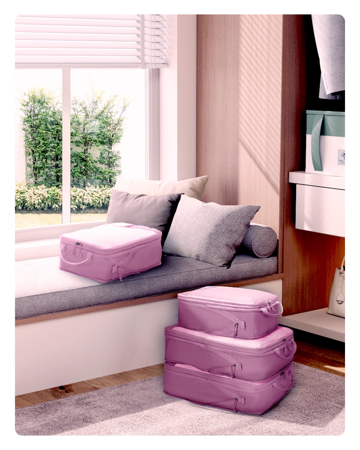 ECOHUB Kompresyjne Kostki do Pakowania 4 szt., Organizer do Walizki z ID Tag, Ekologiczne Packing Cubes, Wytrzymałe Torby Podróżne z Siatką, System Oszczędzający Miejsce(Różowy)