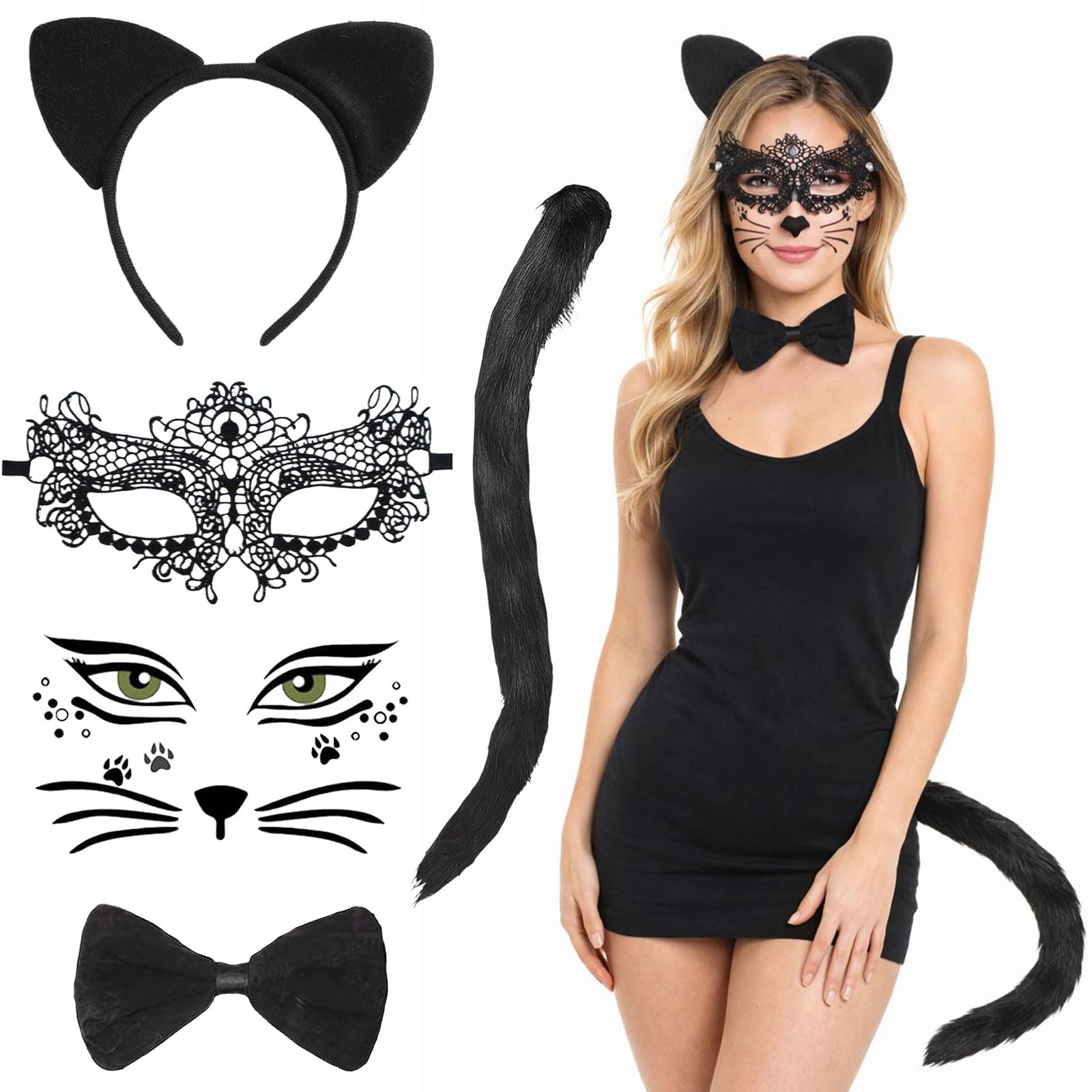 GWAWG Cat Costume Set with Cat Ears Headband, Cat Tail, Bow Tie, Face Tattoo & Mask – Black Cat Costume for Women, Animal Fancy Dress Adult for Halloween Carnival Theme Parties & World Book Day