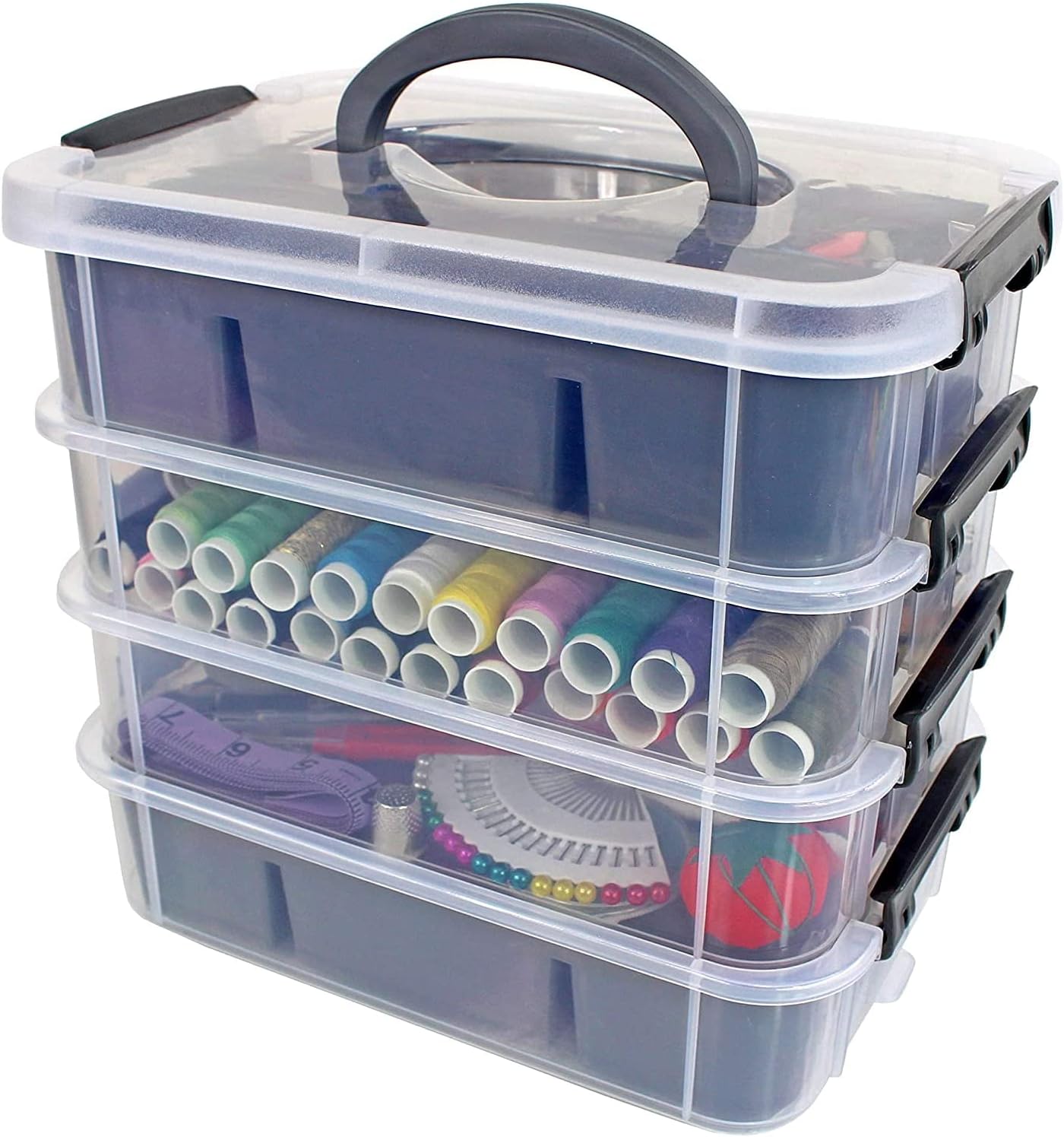 Bins & Things Stackable Plastic Storage Boxes with 2 Trays - Compartments for Crafts, Beads - with Lid - Sewing Boxes