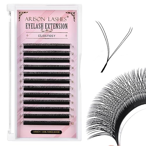 YY - Extensión de pestañas y pestañas de 0.002 in, rizo D, 0.512 in, abanicos prefabricados, volumen en forma de Y, visón sintético, mate, 12 filas