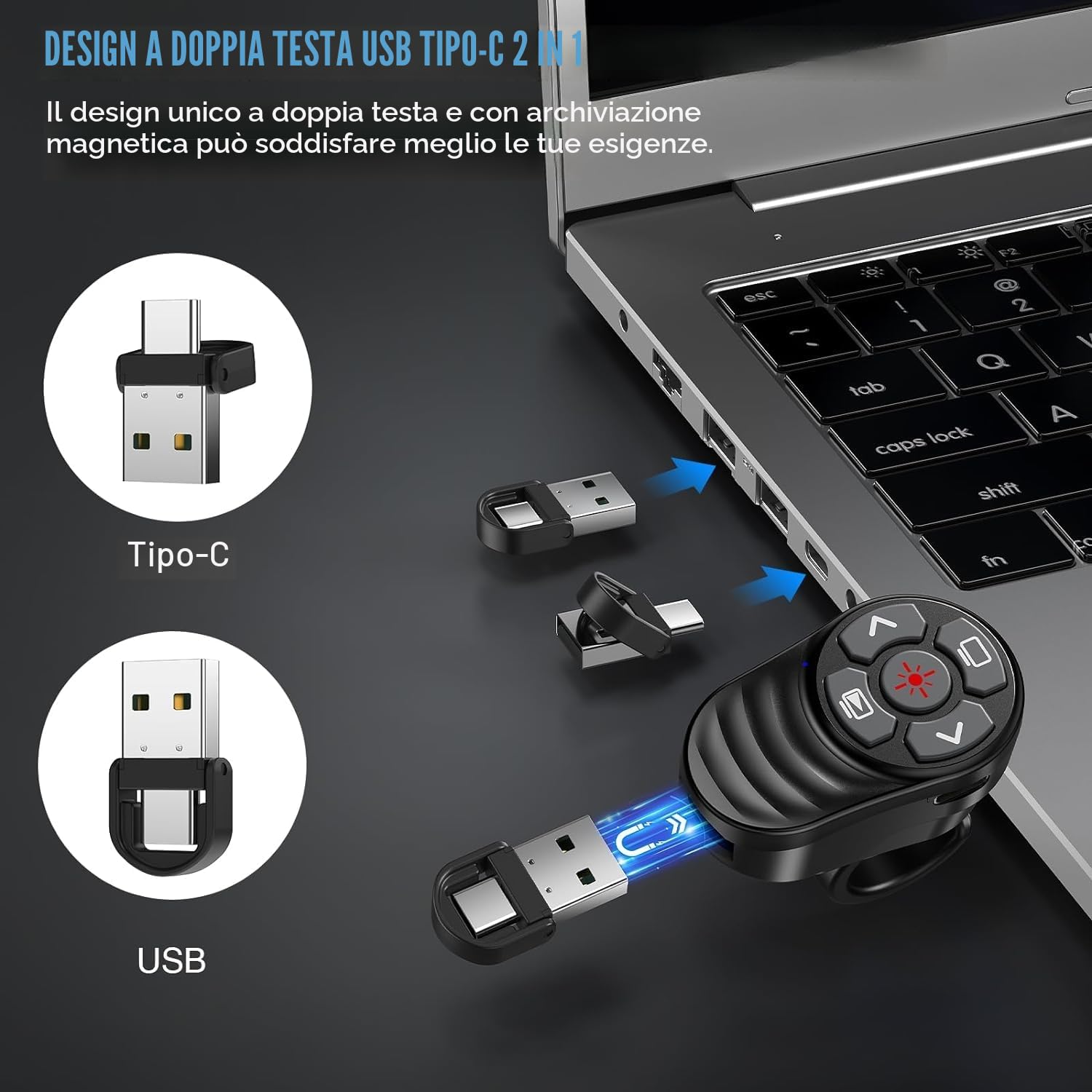 Anello da Dito Presentatore Wireless Presenter Ricaricabile, USB/Type-C 2 in 1 Puntatore Presentazioni Clicker per Presentazione Powerpoint Telecomando Slide PC per Mac iPad Computer Laptop