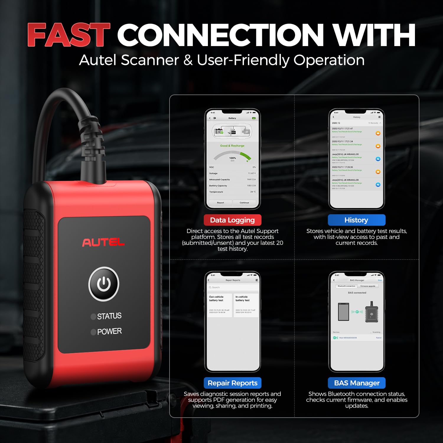 Autel MaxiBAS BT506 Batterietester, 6V 12V 100-2000 CCA Autobatterie-Analysator, Start-und Ladetest, digitales Batterielast-Testgerät für alle Fahrzeuge, Batterietest im Fahrzeug/außerhalb Fahrzeugs