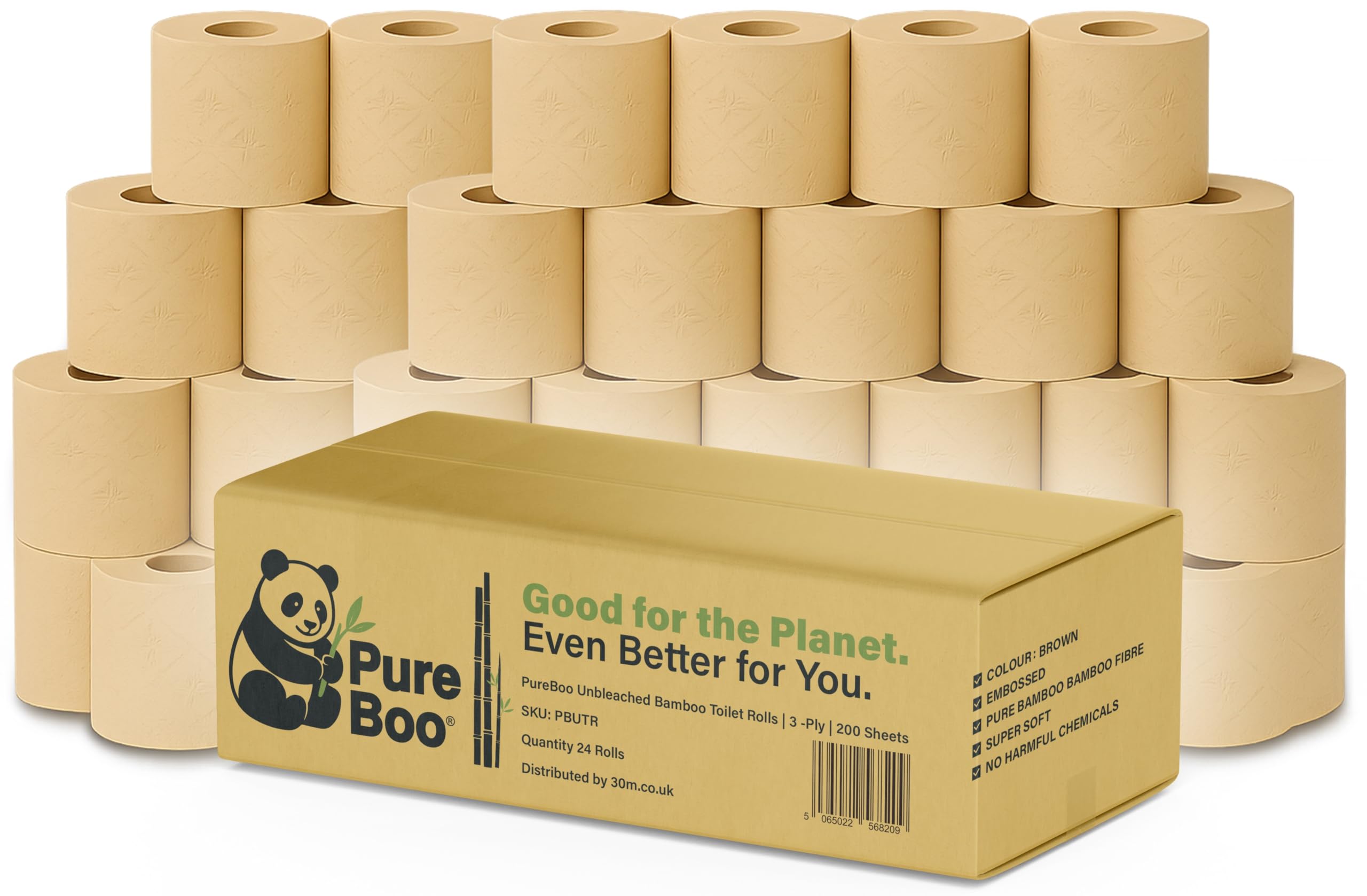 Pure Boo, rotoli di carta igienica in bambù non sbiancato, confezione da 24 | 3 strati, 200 fogli per rotolo | 100% carta igienica in bambù, ecologica, ipoallergenica, biodegradabile, senza plastica