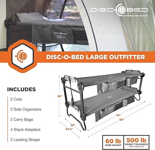 Miniatura 6 de Disc-O-Bed Large Outfitter - Cama plegable portátil de 79 x 28 pulgadas doble litera para campamento edición especial con organizadores laterales
