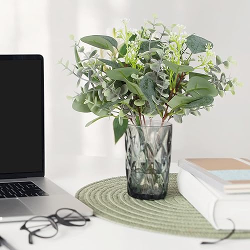 Miniatura 6 de 24 tallos de hojas de eucalipto artificiales con semillas blancas, hojas de eucalipto de dólar plateado, tallo de hoja verde falsa, ramo de boda,