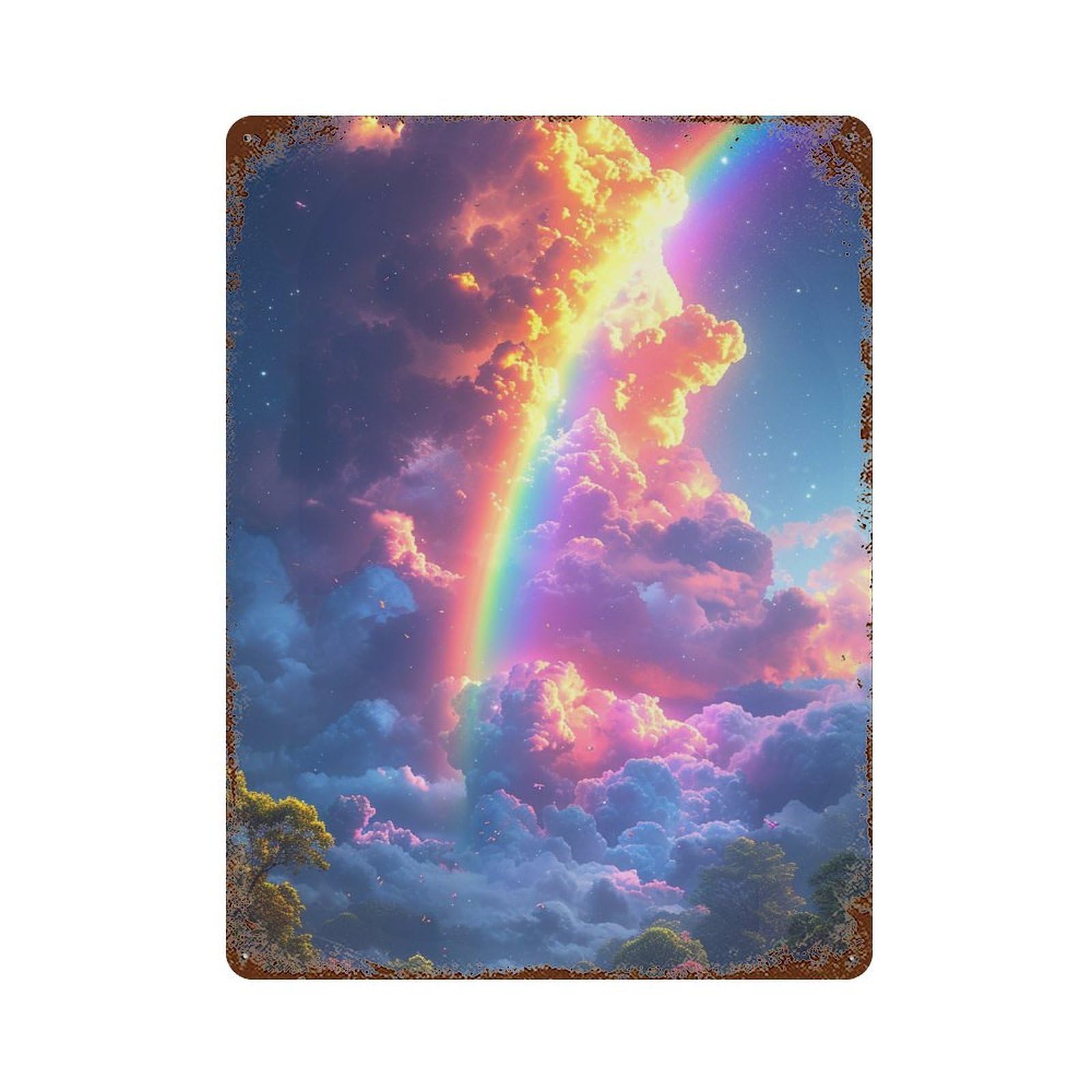 Aged Metal Wall Plaque with Rainbow Clouds Sky Scene Design 15.7"x11.8", for Shed, Workshop And Garage Wall Decor, Decorative Metal Wall Art