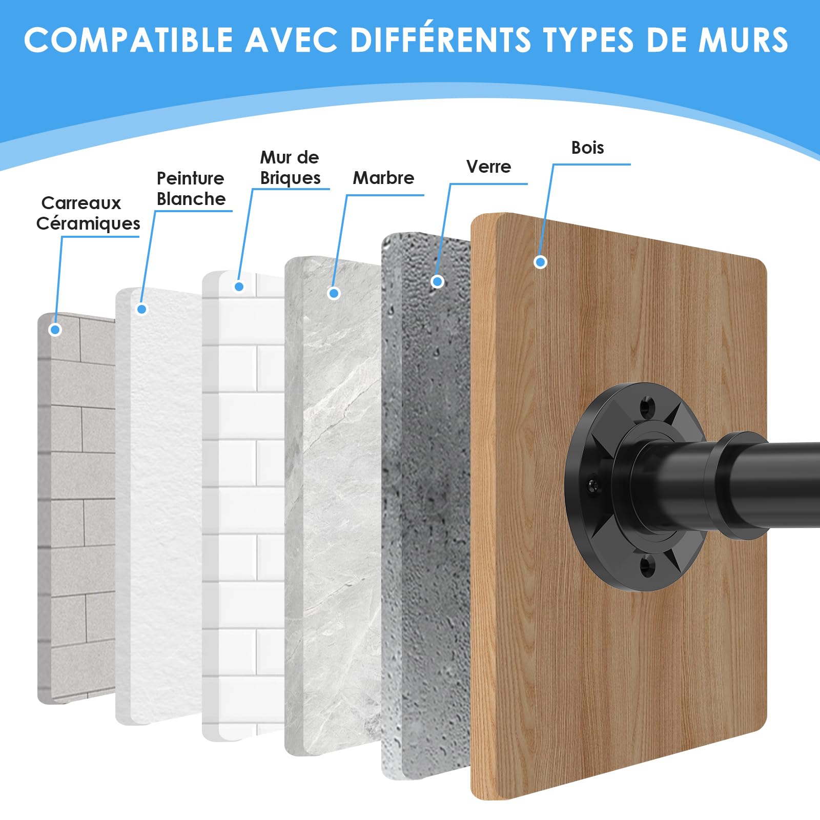 Tringle rideau sans perçage extensible noire, 28mm barre rideau 78-313cm