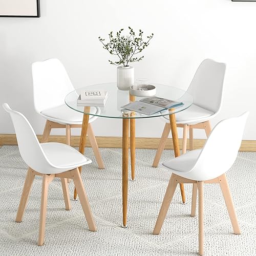 Giantex Juego de mesa de comedor para 4, moderno juego de comedor de 5 piezas con 1 mesa redonda de vidrio templado y 4 sillas de respaldo alto,