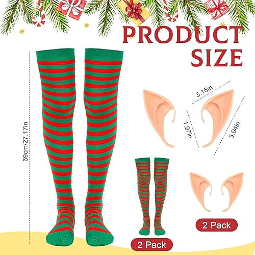 Miniatura 3 de Suhine Juego de 8 accesorios de disfraz de elfo de Navidad, delantal de elfo rojo y verde, medias a rayas, sombrero de elfo, orejas de elfo para