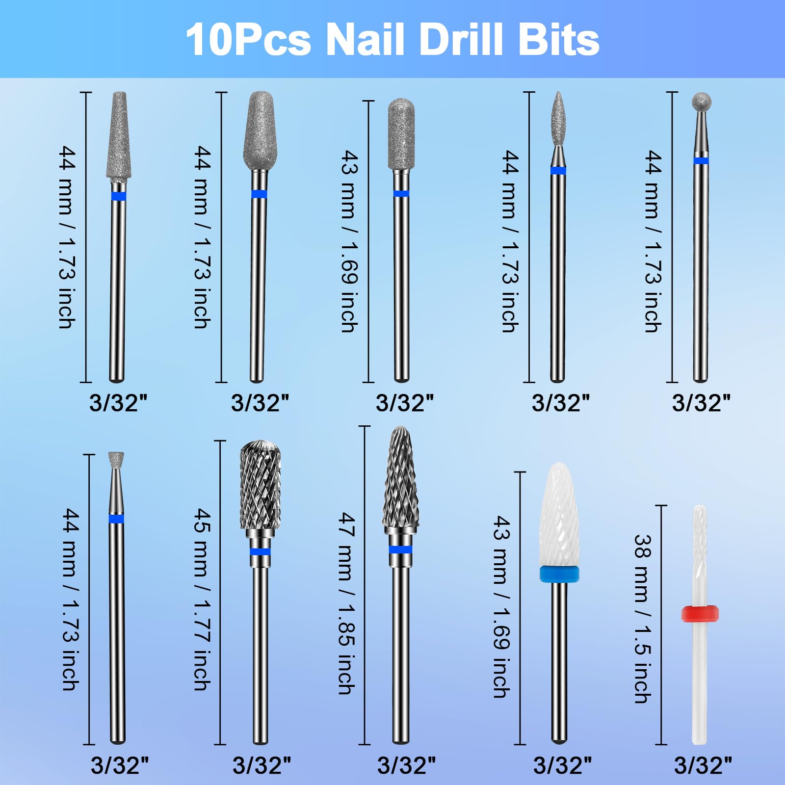 CGBE 10 Punte Fresa Unghie: 3/32 Pollici Punta Fresa Rimozione Gel - Professionale Punta da Trapano per Unghie con Manicure Portapunte - per Rimozione Cuticola Gel Acrilico - per Manicure Pedicure