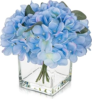 DILATATA Artificial Hydrangea, Peony & Rose Silk Flowers with Vase - Blue, 7" H x 4" W x 4" D, Modern Realistic Style, 1 Count, Home Decor