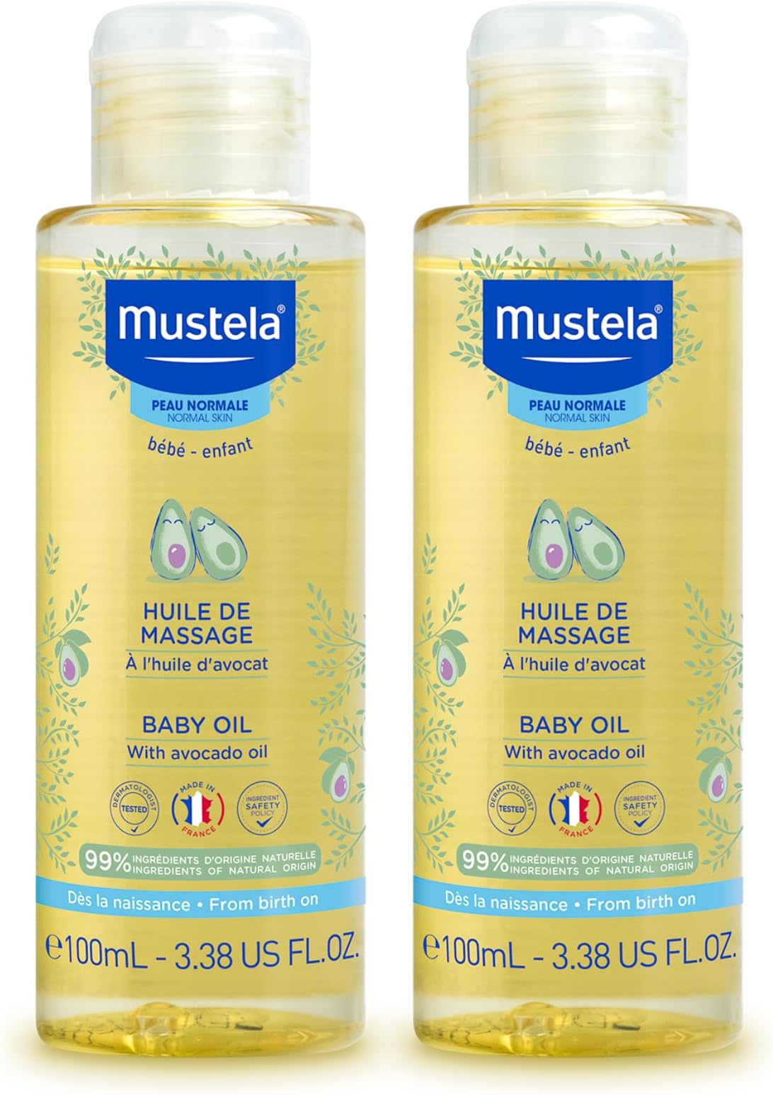 Baby Oil - Moisturizing Oil for Massage - with Natural Avocado fortified with Vitamin B5 - Biodegradable Formula & Tear-Free - Pack of 2