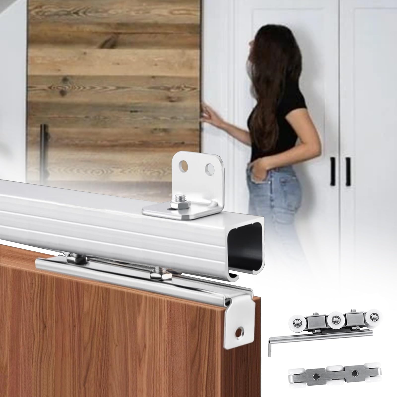 Sliding Door Track, Sliding Barn Door Hardware Kit 1.85mm Alum 6 Wheel 60kg 30-50mm Multi Lengths(Silver,3.5m(11.5ft))