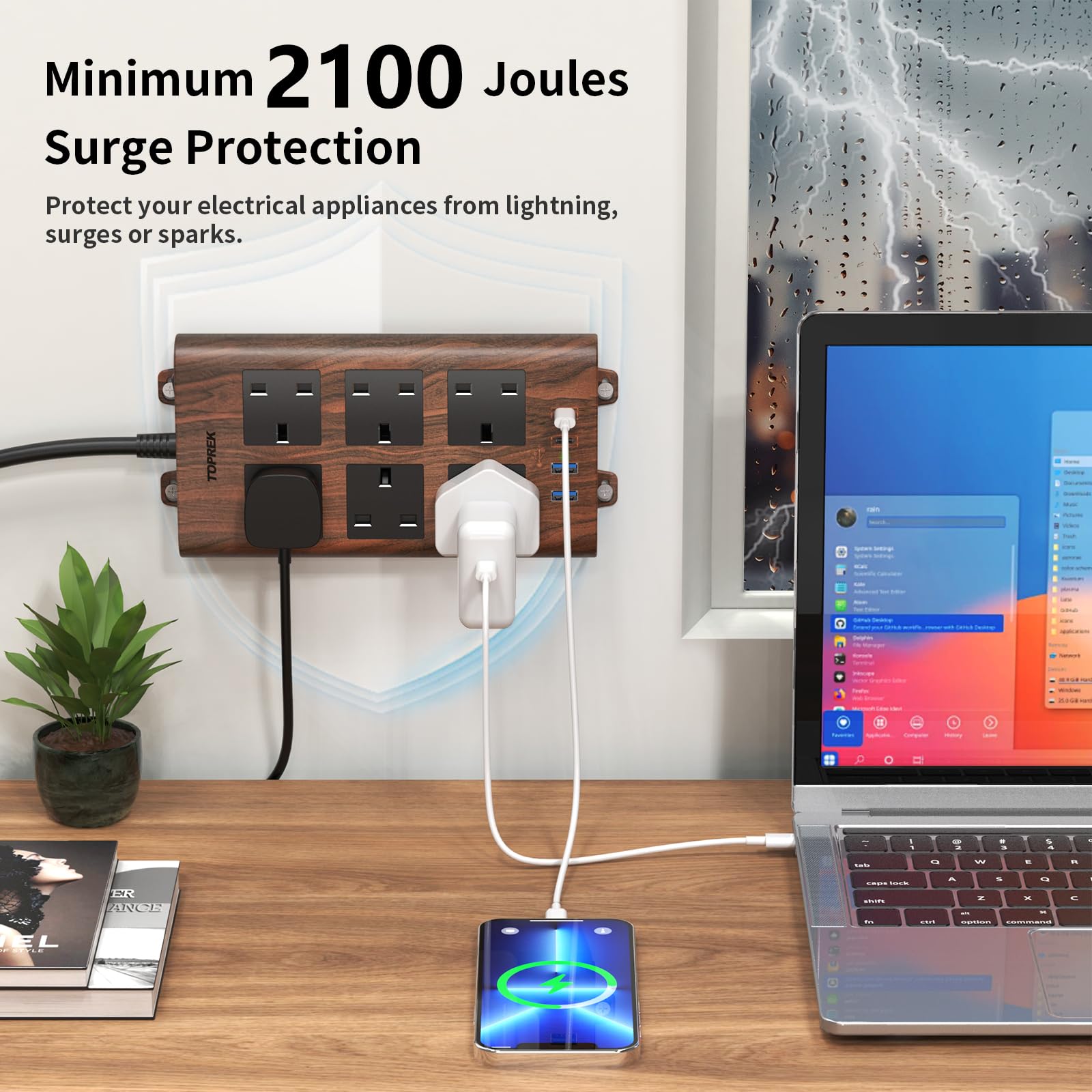 TOPREK Holzmaserung 6 Wege Verlängerungskabel mit USB-Steckplätzen, Überspannungsschutz, 2USB-A & 2USB-C & 1 Schalter, 13A/3250W, Braun Verlängerungskabel 5M für Home Office Küche