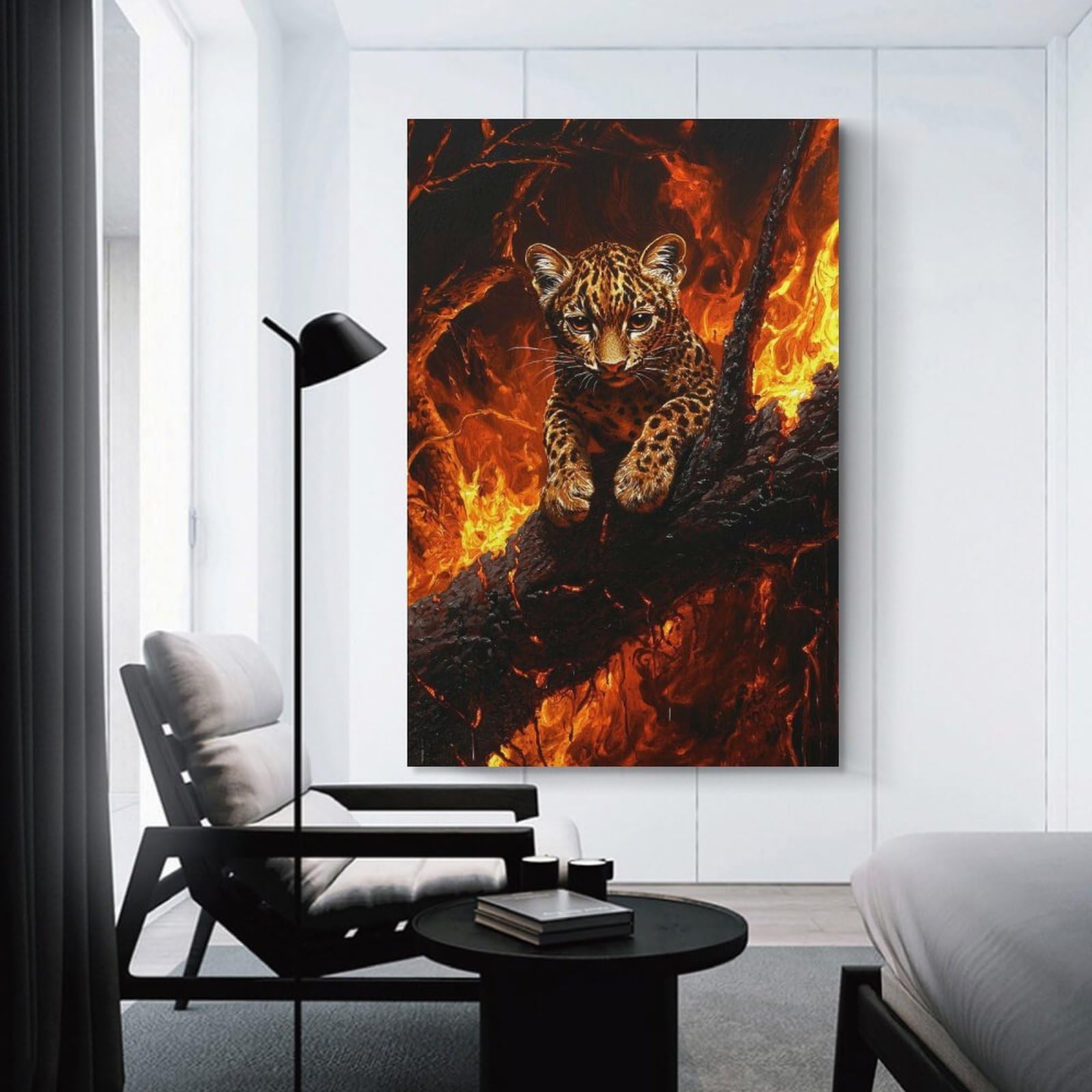 Junmoney Leopard Cub in Flames Wall Art Print, 24x36inch(60x90cm), for Office, Study Or Home Workspace, Decorative Artwork for Productive Spaces